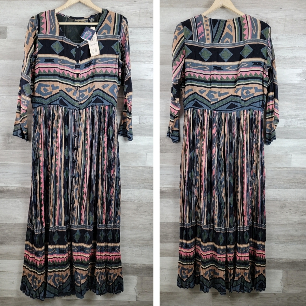 Vintage 80s Her Style Sheer Cotton Button Front Pleated Maxi Dress Size LG NWT - Picture 16 of 16